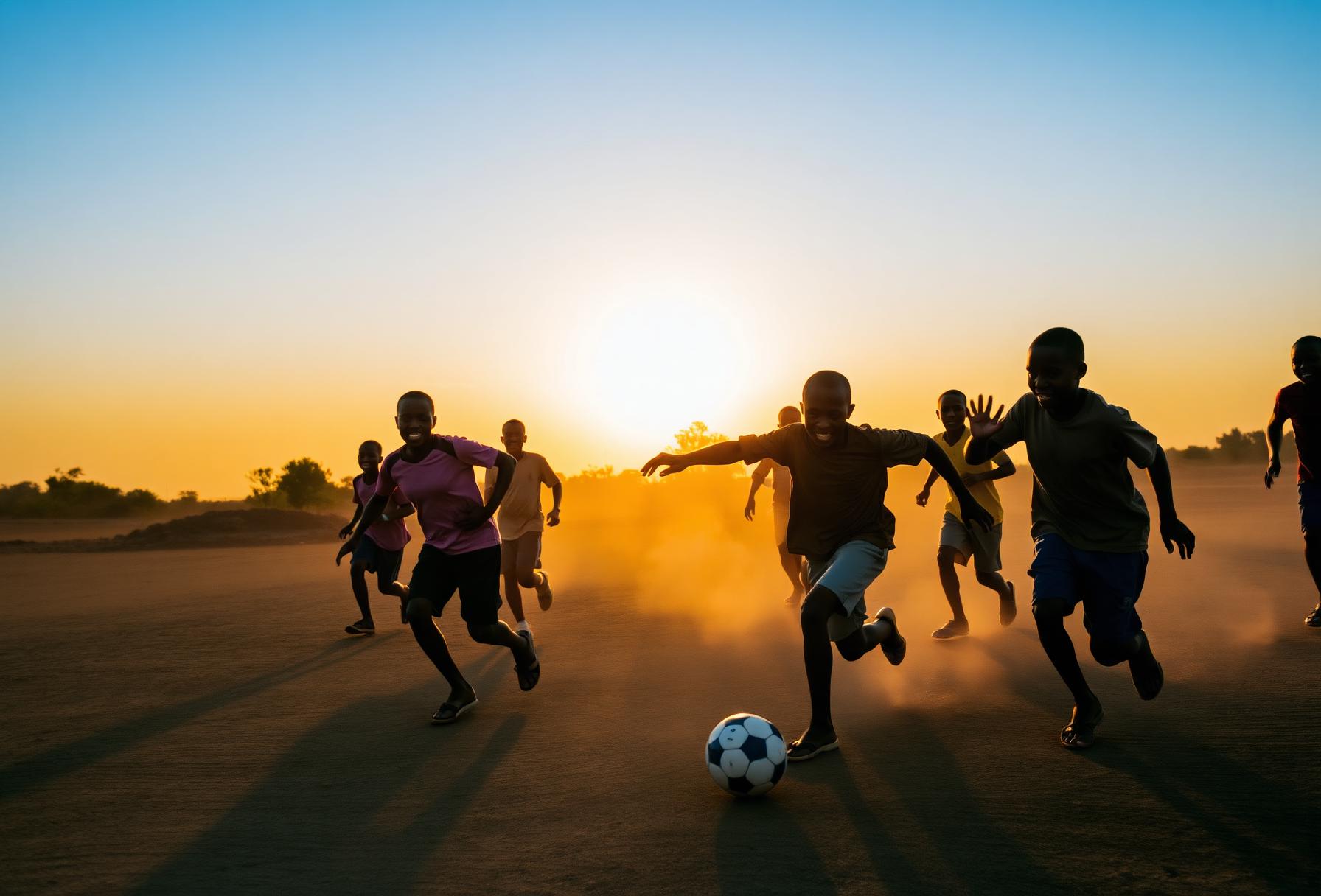 Children playing football at sunset in Africa